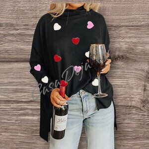 Chenille Slouchy Baggy Dolman Hearts Patchwork Cowl Neck Drapery Jersey Top